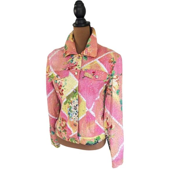 Redd Jeans Trucker Jacket 4 Abstract Floral Iridescent Sequins Cottagecore Artsy - Picture 16 of 16